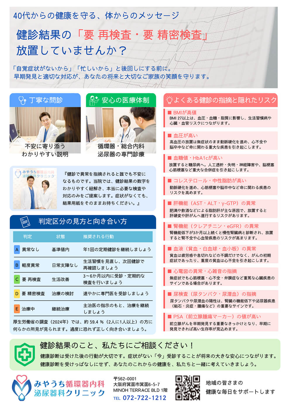 当院では健康診断の結果をお持ちいただければ、循環器内科・総合内科の専門医である女性院長が、結果を正確に解釈し、丁寧に整理してご説明いたします。